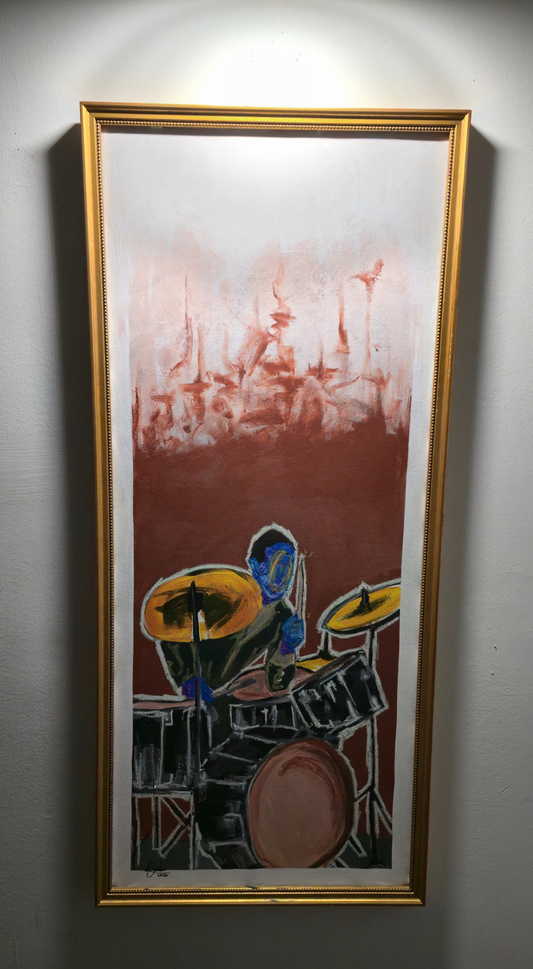 Framed abstract artwork of a drummer